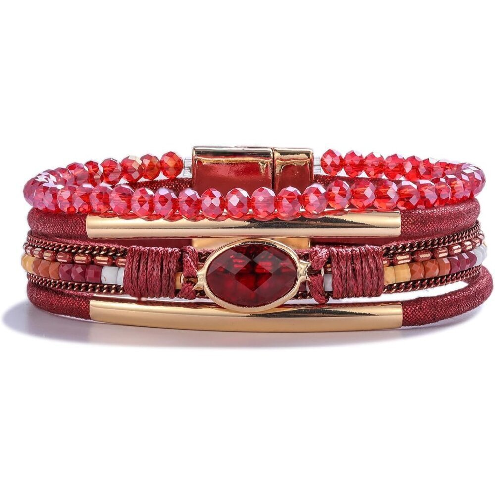 Leather Wrap Bracelets Crystal Beads Boho Cuff Stone Charm Jewelry Women